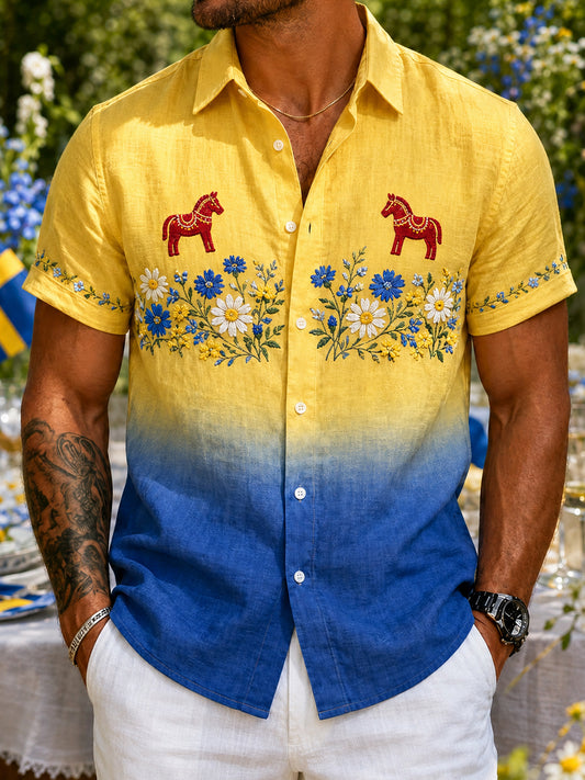 Retro svensk midsommarblommig karusellkonsttryck avslappnad skjorta i bomull och lin