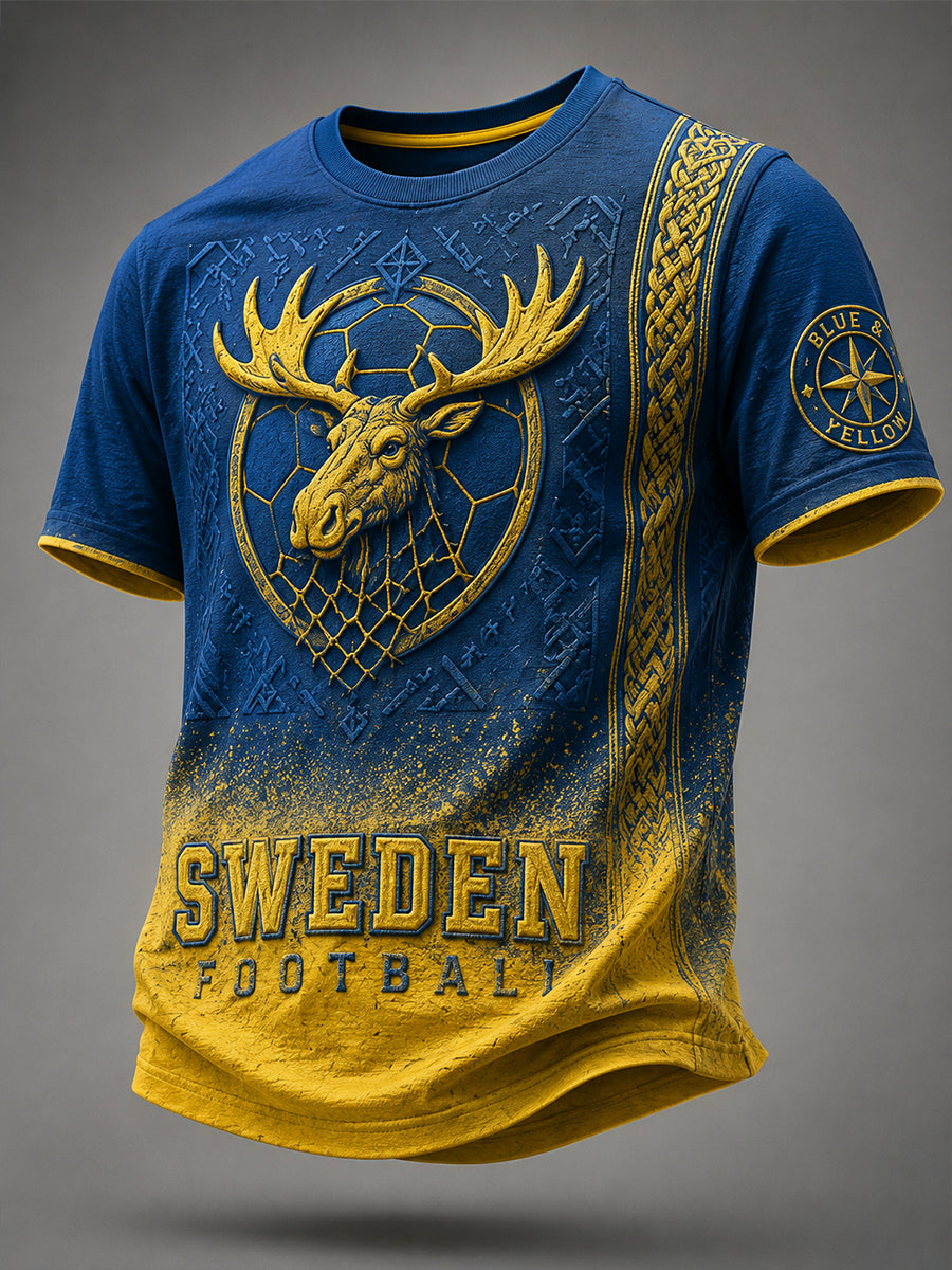 Retro svensk fotbollssupporter som hejar konsttryck avslappnad t-shirt