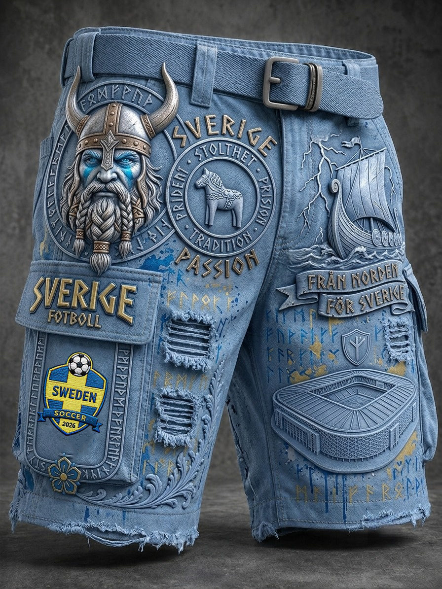Män Retro Svensk fotboll älskare Print Cargo Shorts