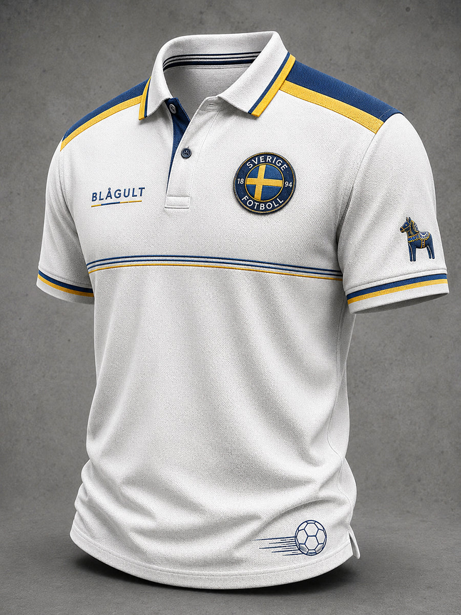 Retro svensk fotbollsfan som hejar konsttryck avslappnad pikétröja