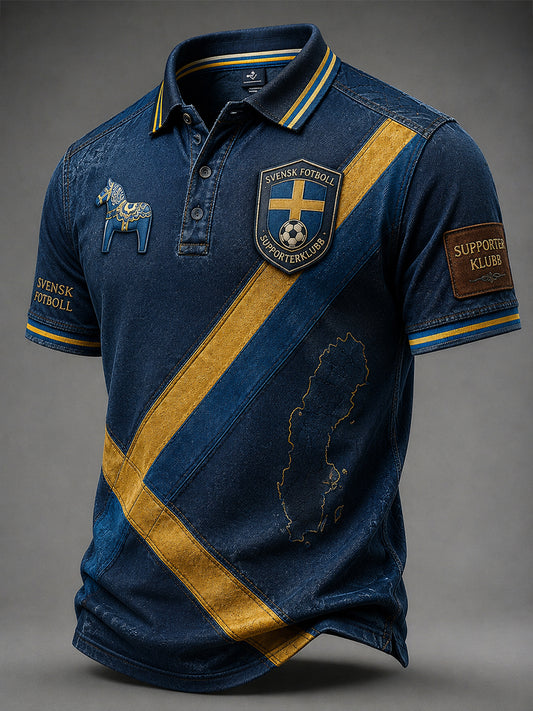 Retro svensk fotbollsfan som hejar konsttryck avslappnad pikétröja