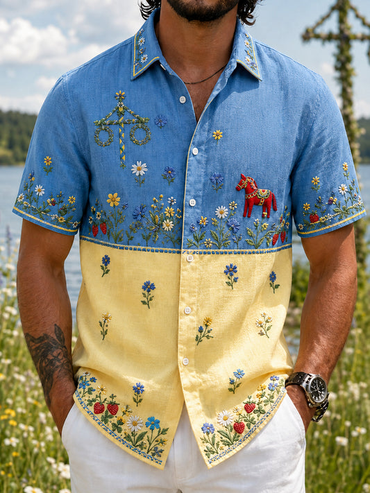 Retro svensk midsommarblommig karusellkonsttryck avslappnad skjorta i bomull och lin