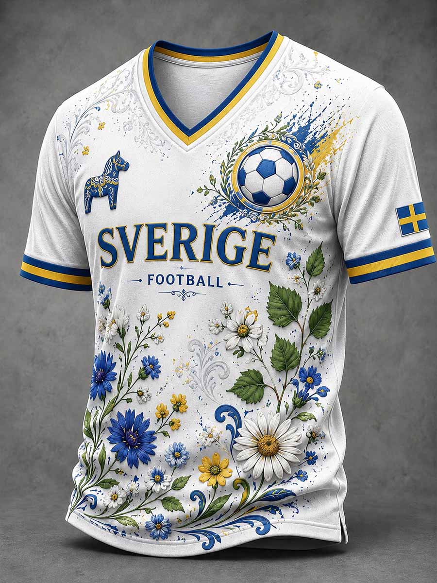 Retro svensk fotbollssupporter som hejar konsttryck avslappnad t-shirt