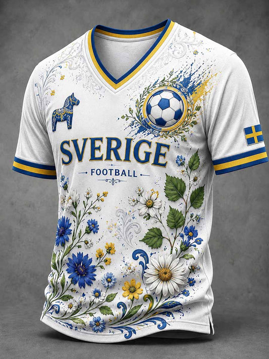 Retro svensk fotbollssupporter som hejar konsttryck avslappnad t-shirt
