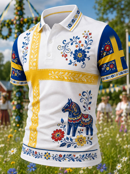 Herrpolotröja med konsttryck till minne av midsommardagen i Sverige