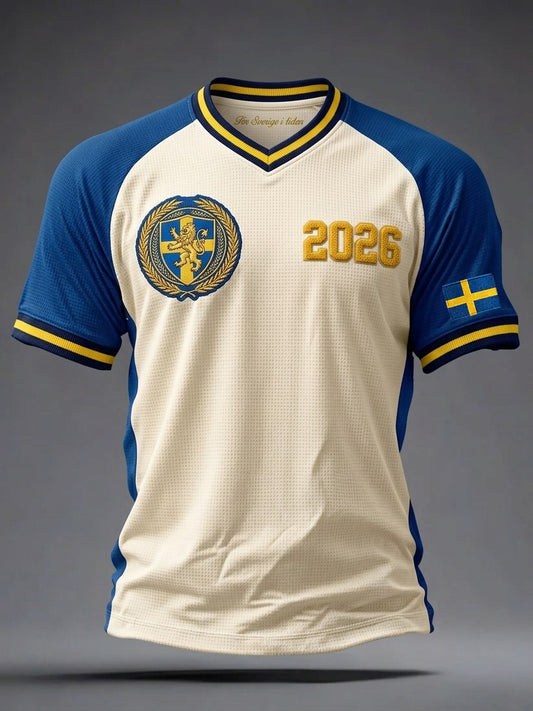 Herrtröja i retro-svensk fotbollsstil med V-ringning, våffelmönstrad och korta ärmarna