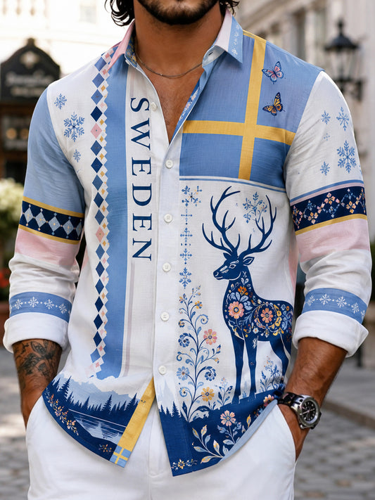 Herrskjorta med konsttryck som hyllar den svenska midsommarfesten, långärmad