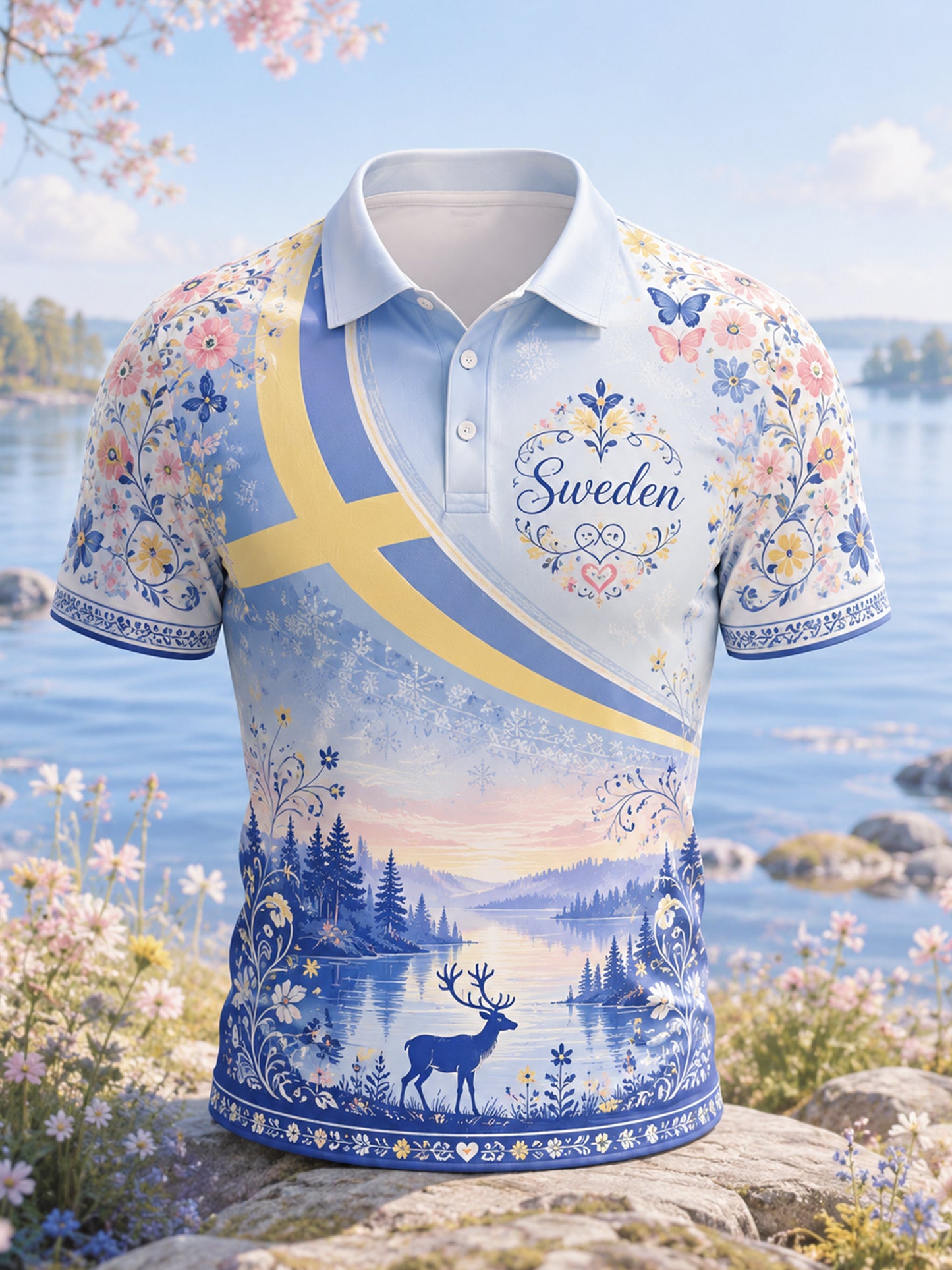 Herrpolotröja med konsttryck till minne av den svenska midsommarfesten