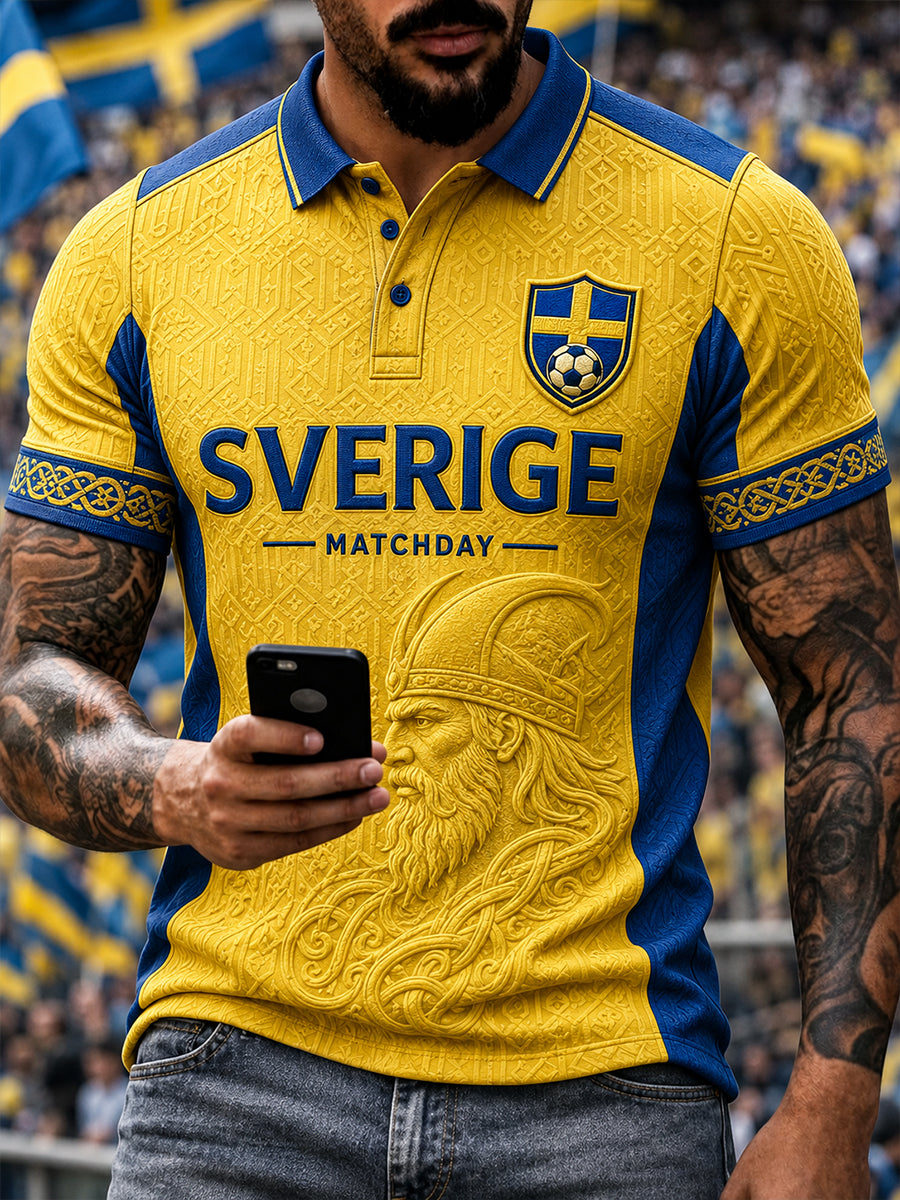 Retro svensk fotbollsfanart-print avslappnad pikétröja