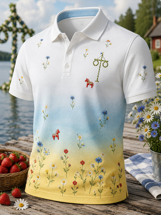 Retro midsommarkonsttryck avslappnad bekväm polotröja