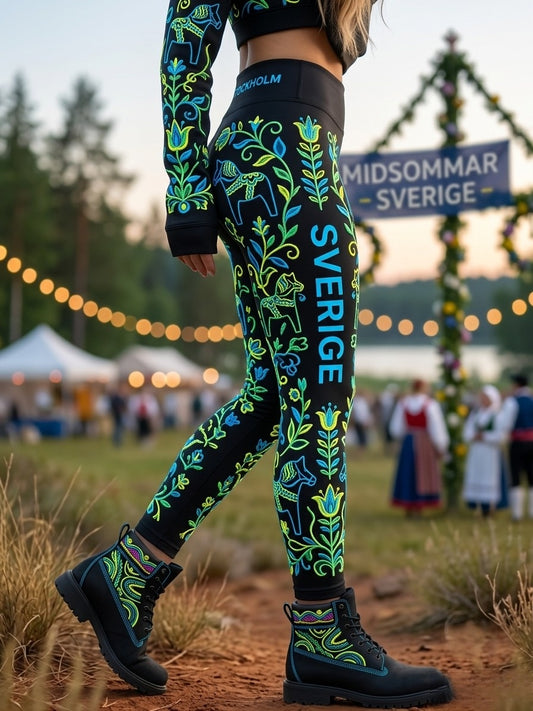 Kvinnor Retro Svenska midsommar Folkblommis Sport Stretch Leggings