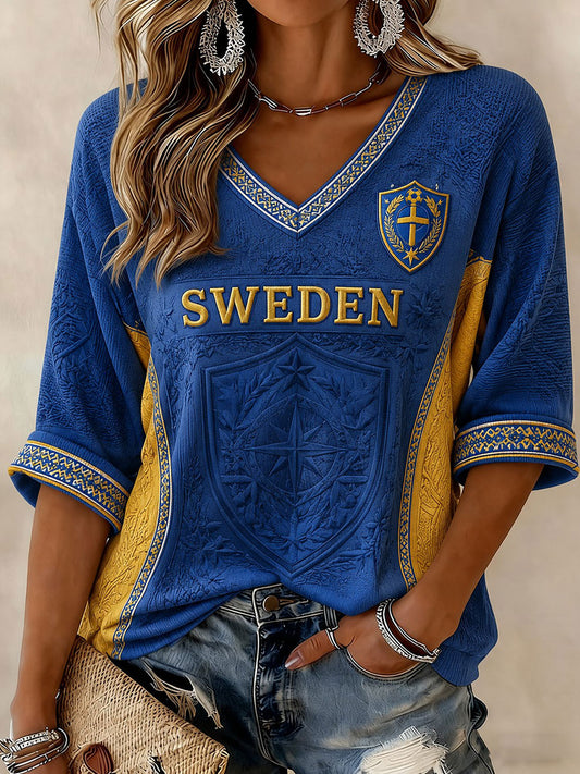 Kvinnors Sverige Fotboll Tryckt med längd ärmar V-hals T-shirt