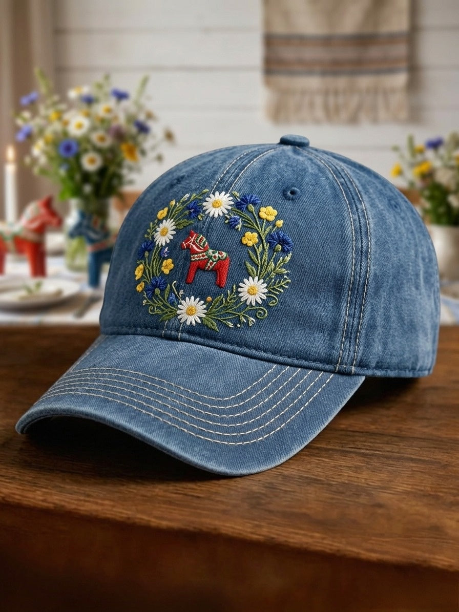 Unisex-svensk midsommarkvällskrans kapp med blommönster och tvättad finish