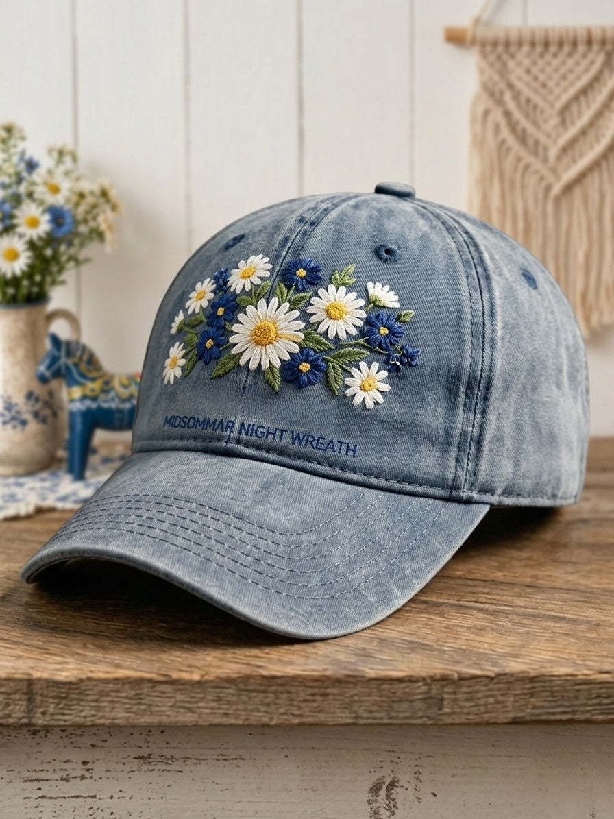 Unisex-svensk midsommarkvällskrans kapp med blommönster och tvättad finish