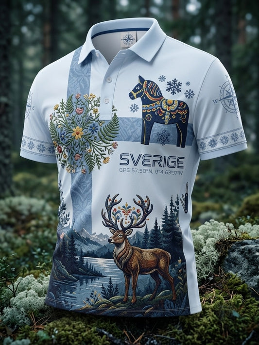 Herrpolotröja i retrostil med svensk midsommar- och folkornamentmönster
