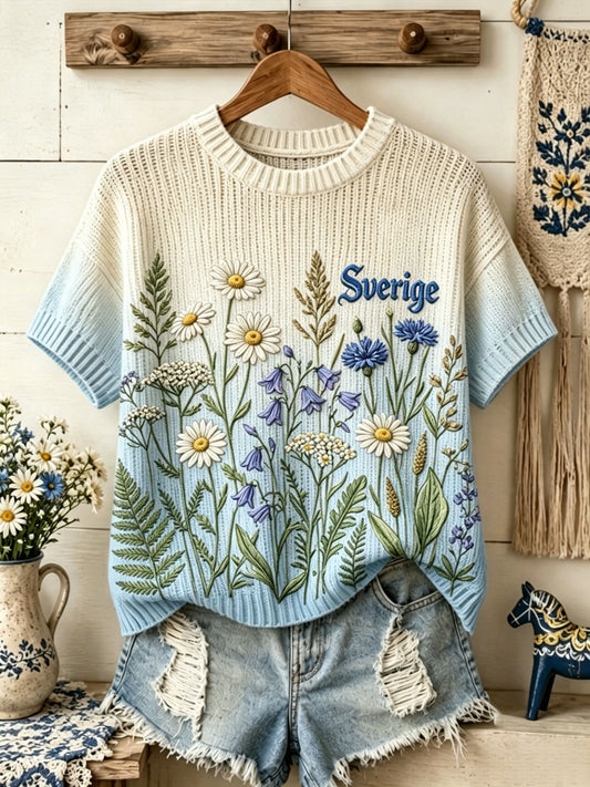 Damernas retro svensk midsommarfolk-stil blommig kortärmad stickad t-shirt