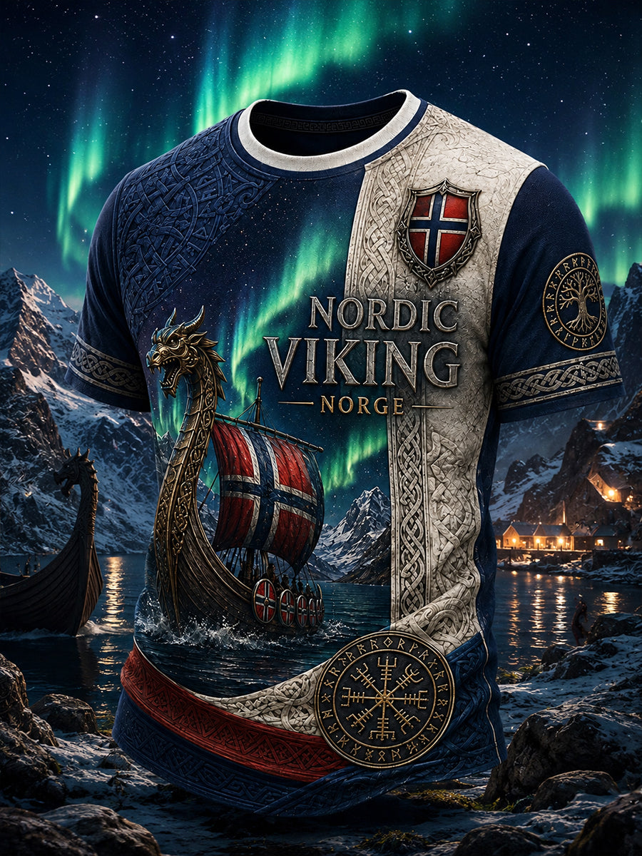 Retro norsk viking nordisk stil kunsttrykk avslappet t-skjorte