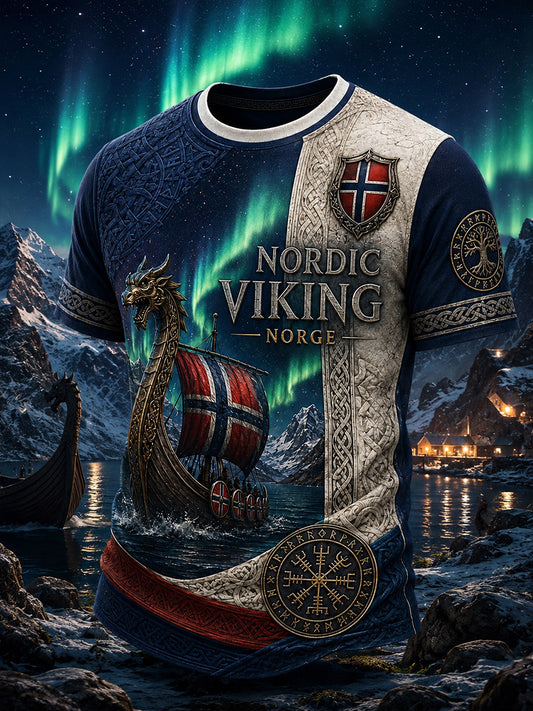 Retro norsk viking nordisk stil kunsttrykk avslappet t-skjorte