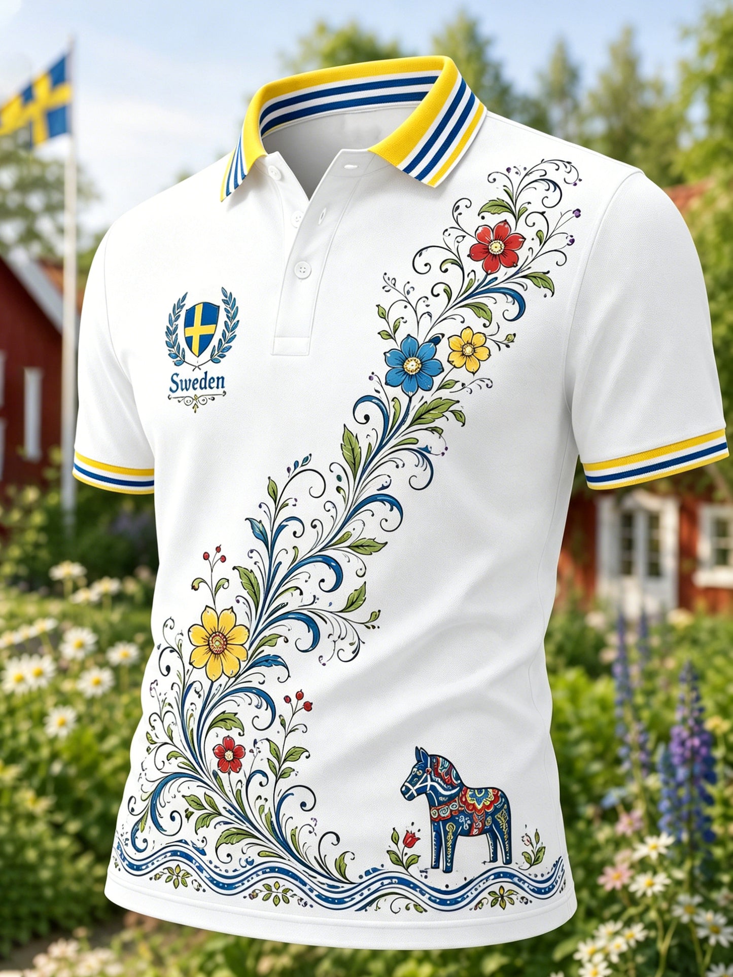 Herrpolotröja med konsttryck till minne av den svenska midsommarfesten