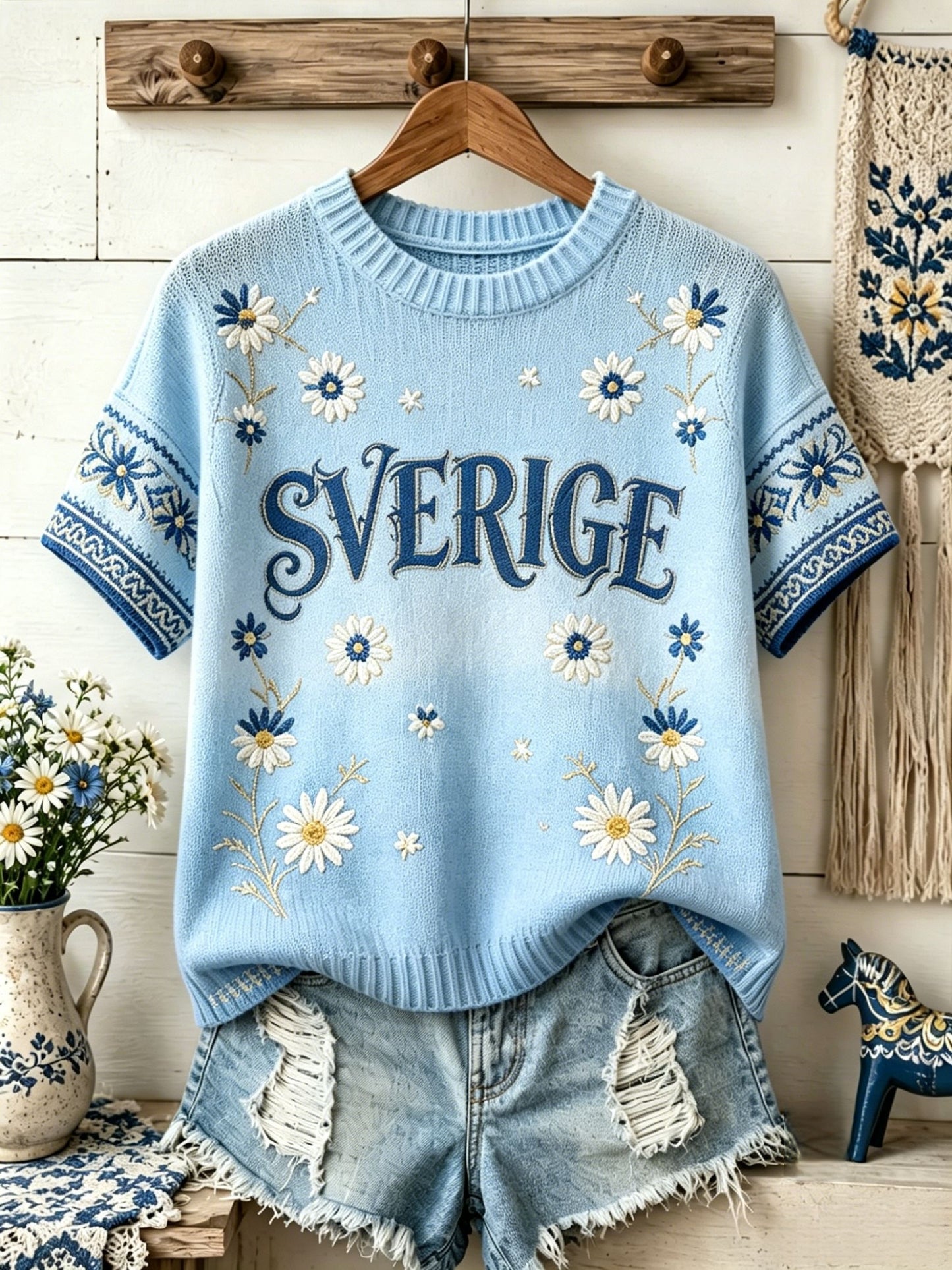 Dammens retro svensk midsommarfolkal blommig stickad kortärmad t-shirt