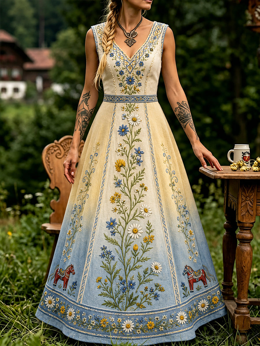 Vintage Svensk Floral Dala Häst Print Casual Klänning