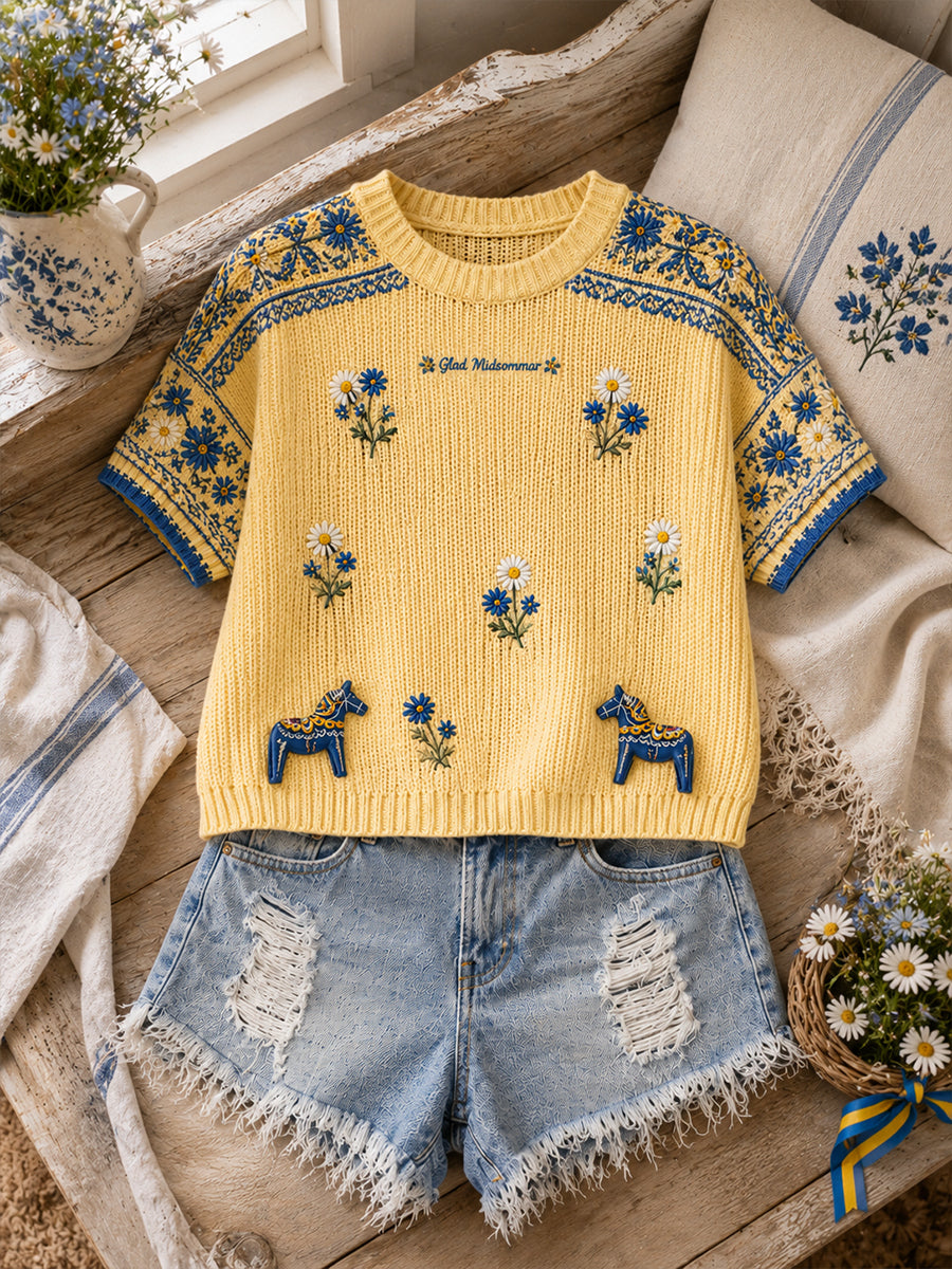 Vintage svensk blommig dalahästtryckt vardagsklänning