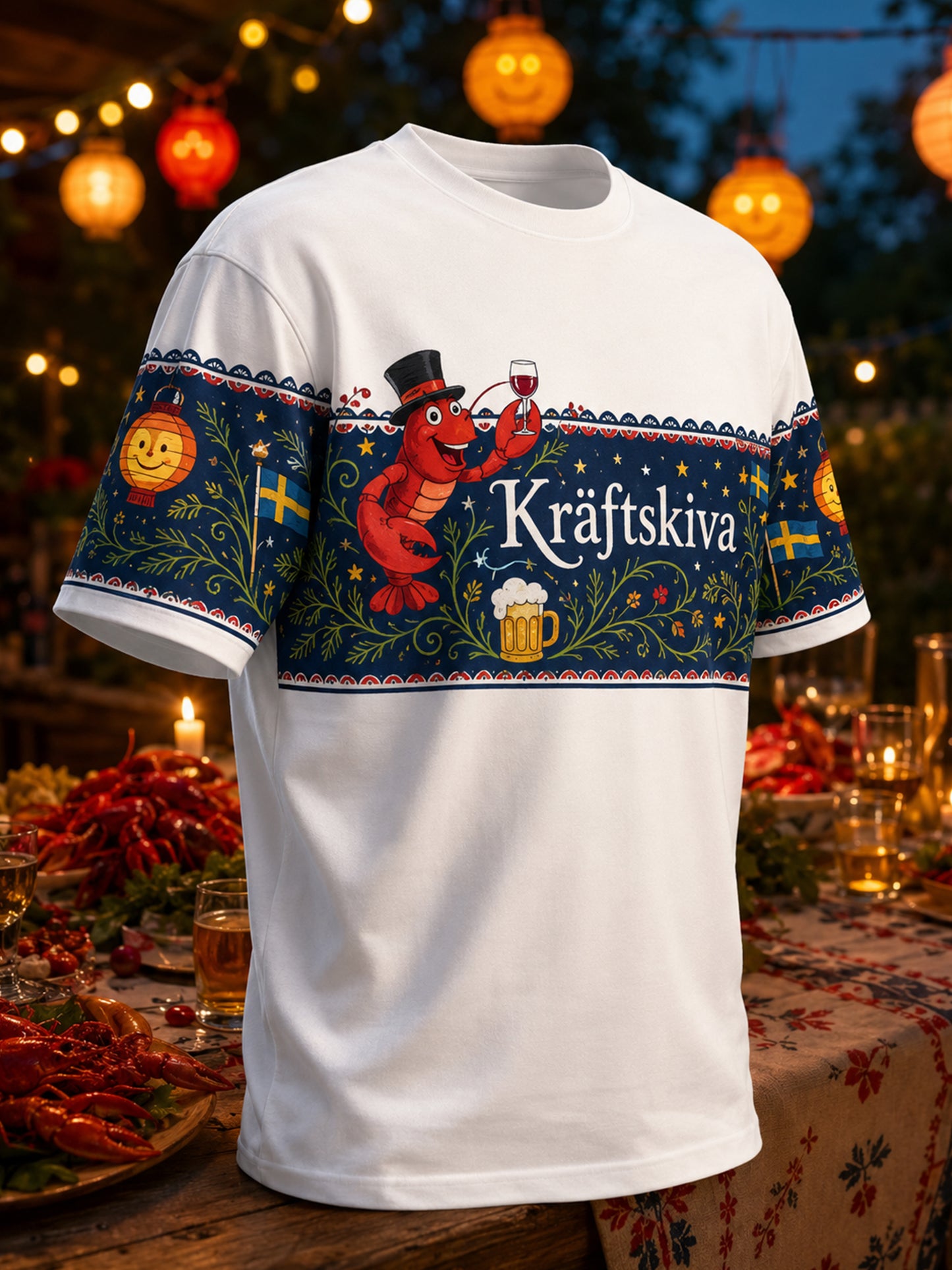 Herrtröja med konsttryck som hyllar den svenska hummerfestivalen