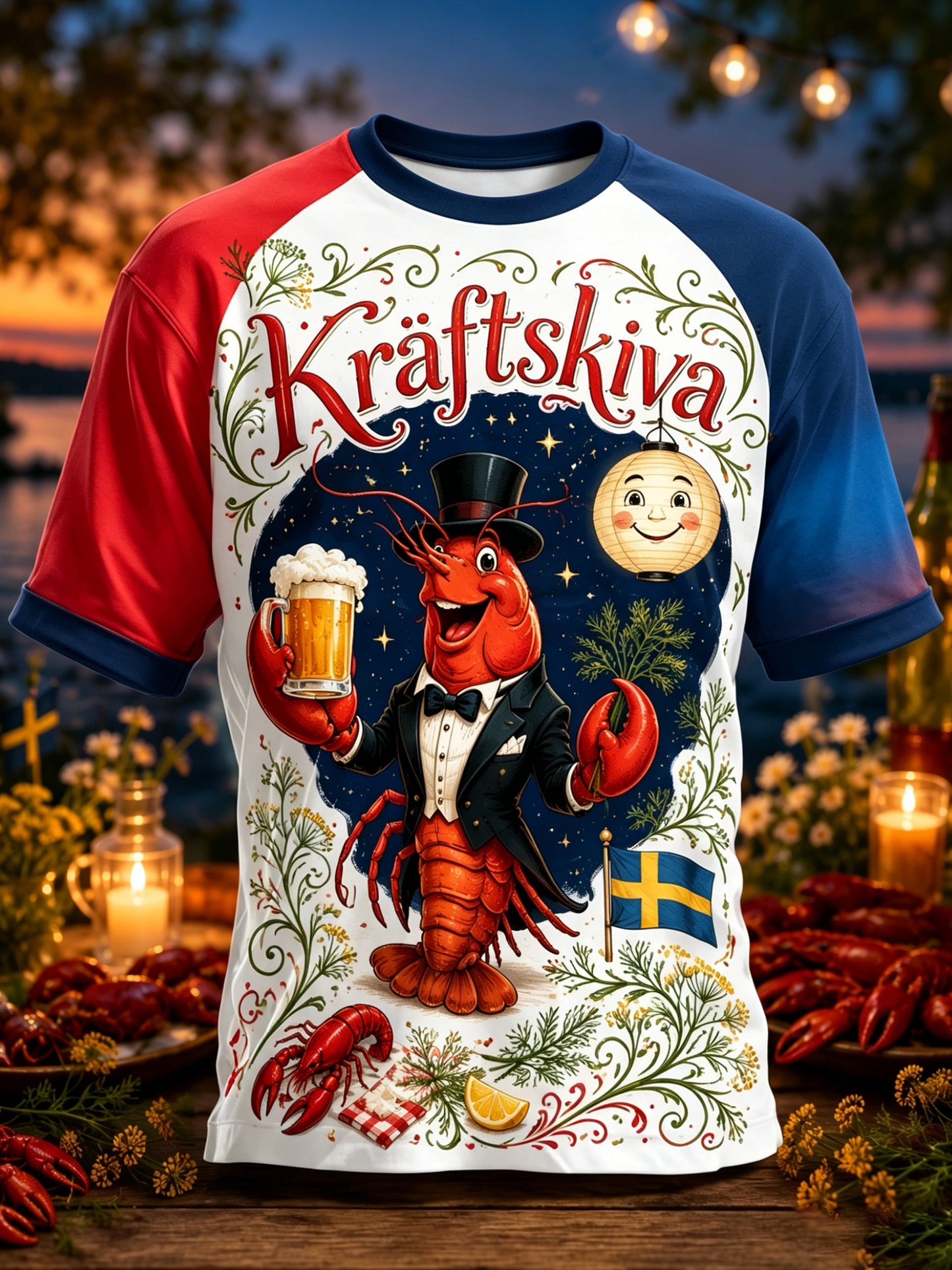 Herrtröja med konsttryck som hyllar den svenska hummerfestivalen