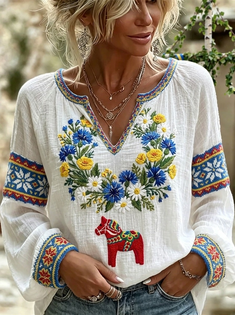 Dams Retro Svensk Midsommar Folkal Blus i Bomull-Linne