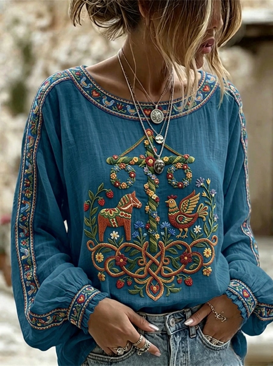 Dams Retro Svensk Midsommar Folkal Blus i Bomull-Linne