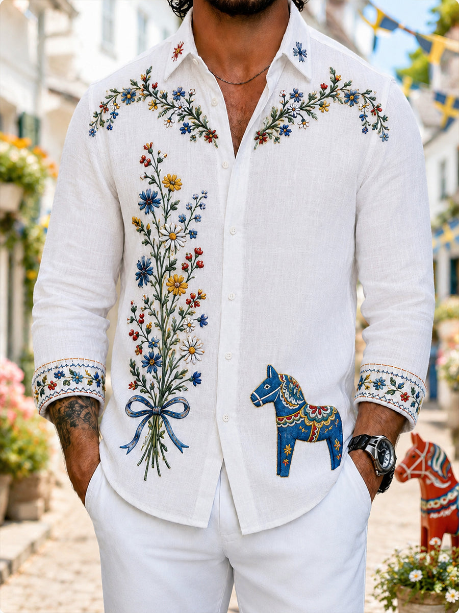 Retro Svensk blommar Dala Horse Print Casual skjjorta