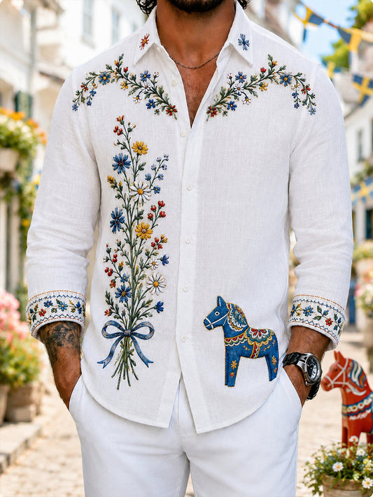 Retro Svensk blommar Dala Horse Print Casual skjjorta