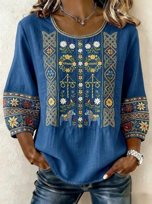 Dams Retro Svensk Midsommar Folkal Blus i Bomull-Linne