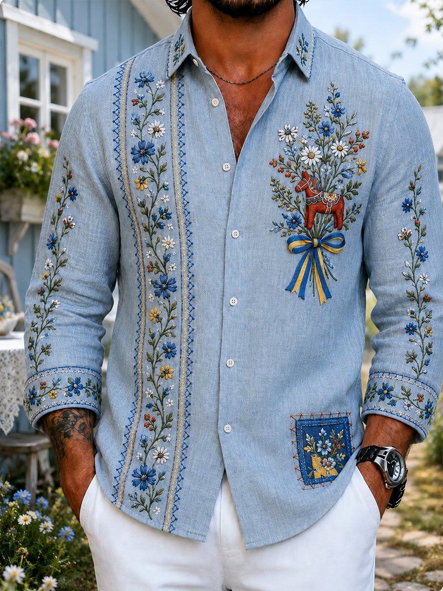 Retro svensk blommig Dalahästtryckt vardagsskjorta
