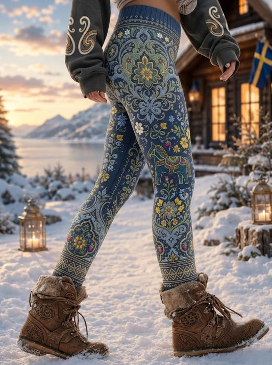 Damernas retro svenska midsommarfolkloristiska blommiga stickade stretchtights för sport