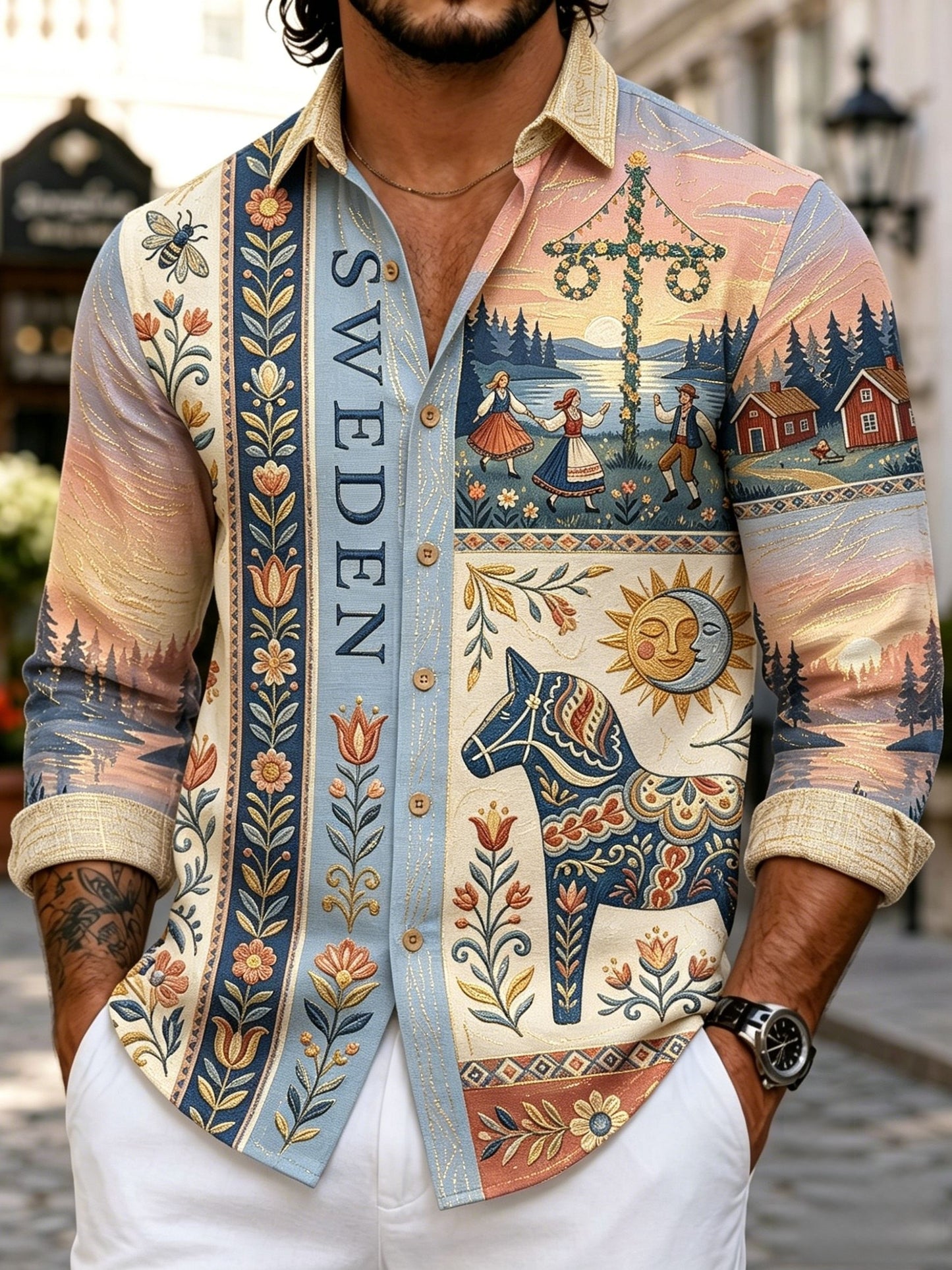 Retro svensk midsommarfolkblommigt bomullslinne skjorta med långa ärmarna