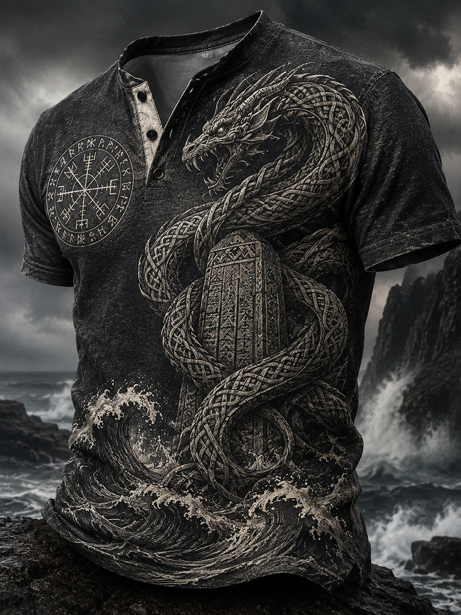 Retro norsk viking nordisk stil kunsttrykk uformell Henley-skjorte