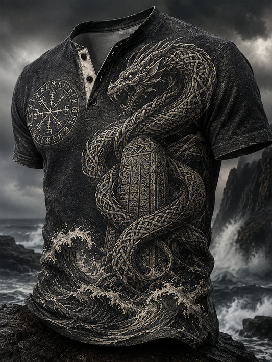 Retro norsk viking nordisk stil kunsttrykk uformell Henley-skjorte