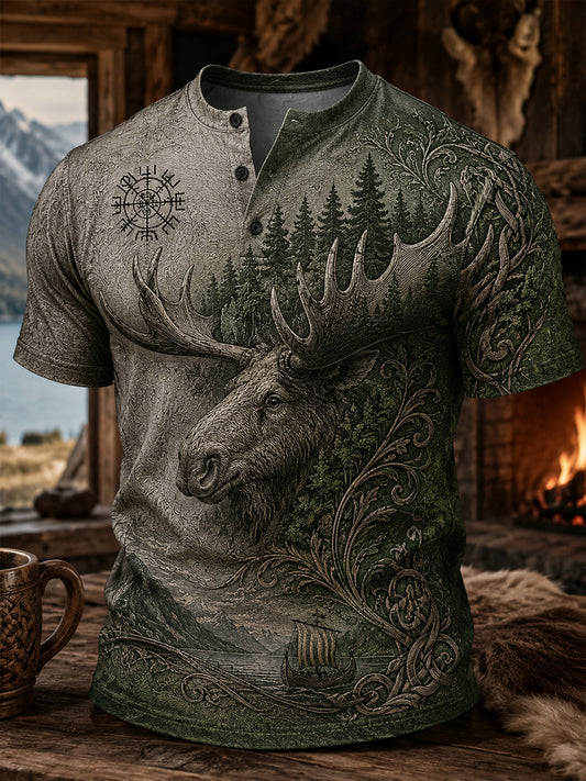 Retro norsk viking nordisk stil kunsttrykk uformell Henley-skjorte