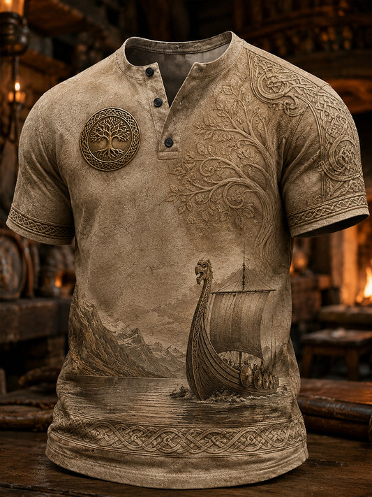 Retro norsk viking nordisk stil kunsttrykk uformell Henley-skjorte