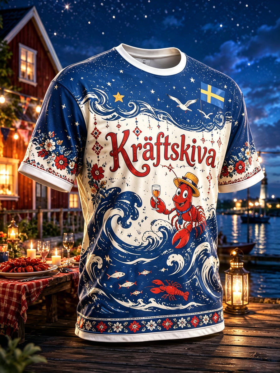 Herrtröja med konsttryck på temat det svenska hummerfestivalen