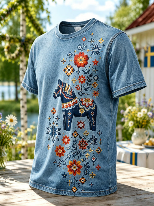Herrtröja med konsttryck från den svenska midsommarfesten