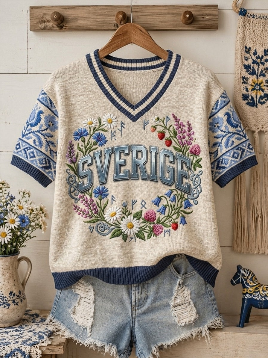Dammens retro svensk midsommarfolk-stil bomullströja med blommönster och korta ärmar
