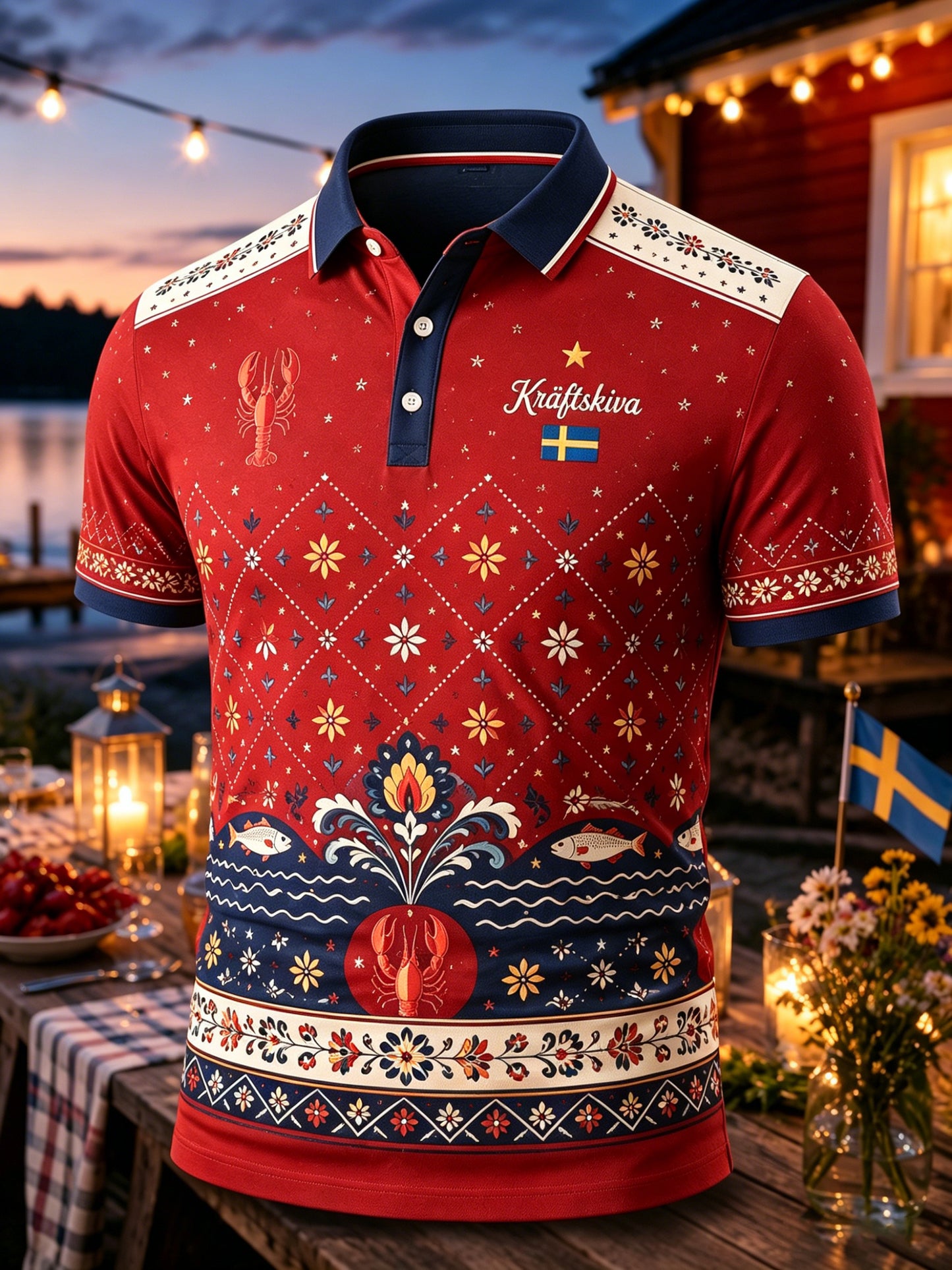 Herrpolotröja med konsttryck till minne av den svenska hummerfestivalen