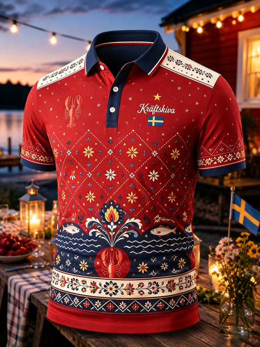 Herrpolotröja med konsttryck till minne av den svenska hummerfestivalen