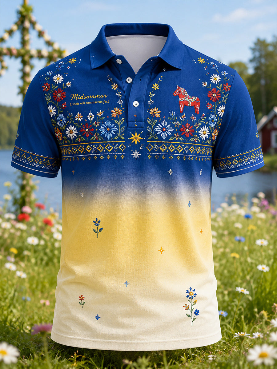 Herrpolotröja med konsttryck från den svenska midsommarfesten