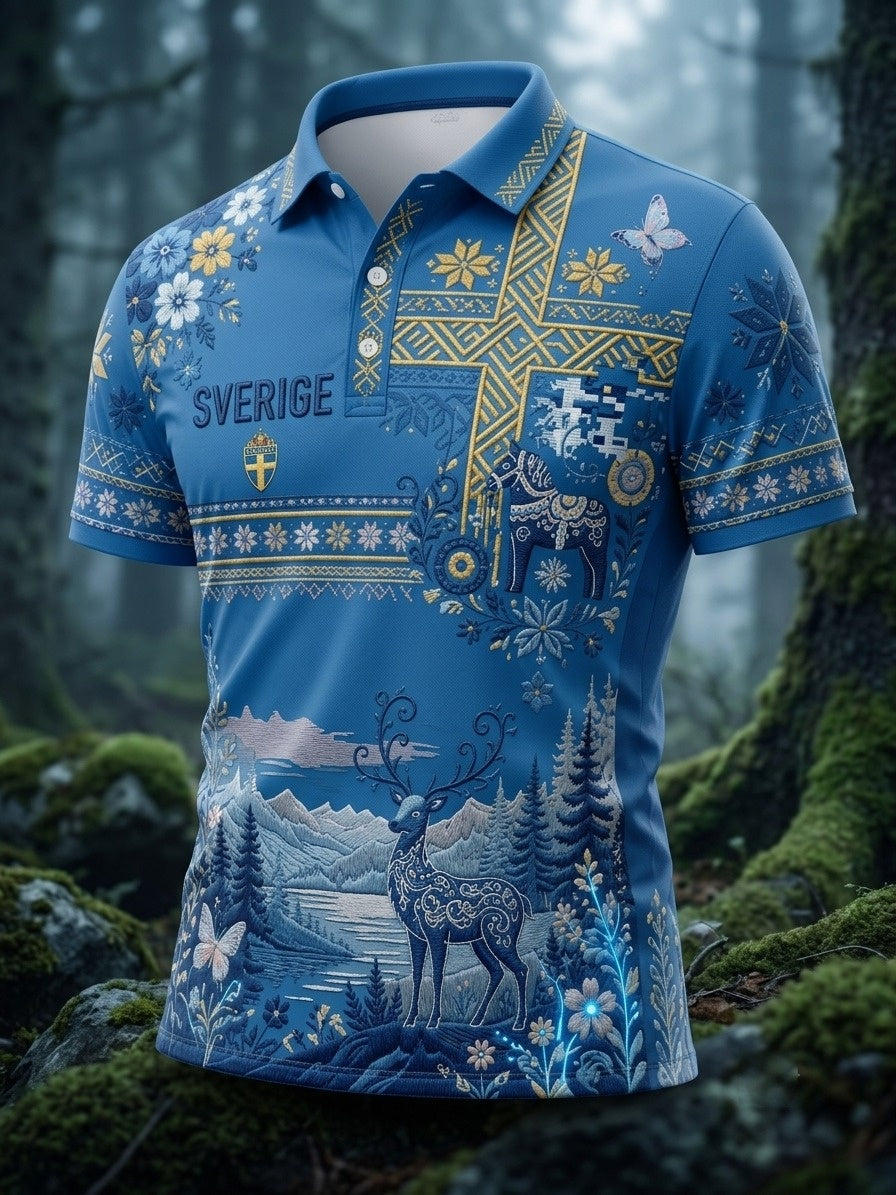 Herrpolotröja i retrostil med svensk midsommar- och blommönster, sportig kortärmad