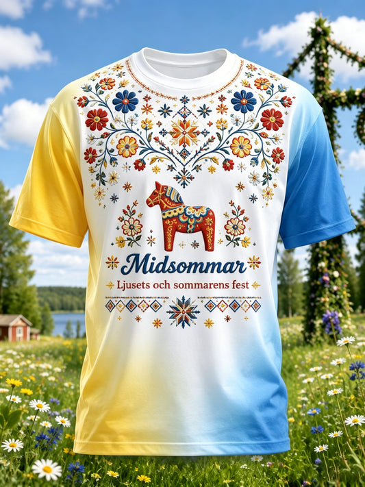 Herrtröja med konsttryck från den svenska midsommarfesten
