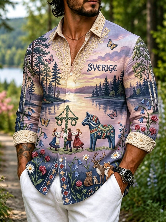 Mansrums retro svensk midsommarfolkstil blommig bomull-linne skjorta med lång ärm