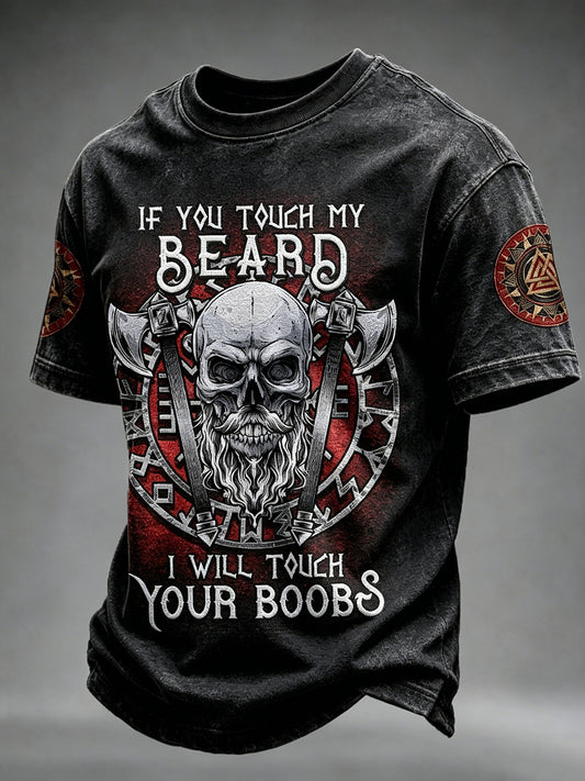 Herrviking T-shirt med korta ärmar och dödskallsmönster – “Om du rör min skägg”